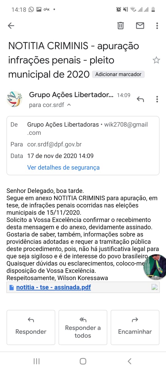 NOTITIA  CRIMINIS enviada à Polícia Federal para apurar, em tese, infrações penais nas eleições municipais de 15/11/2020, apuradas pelo TSE.